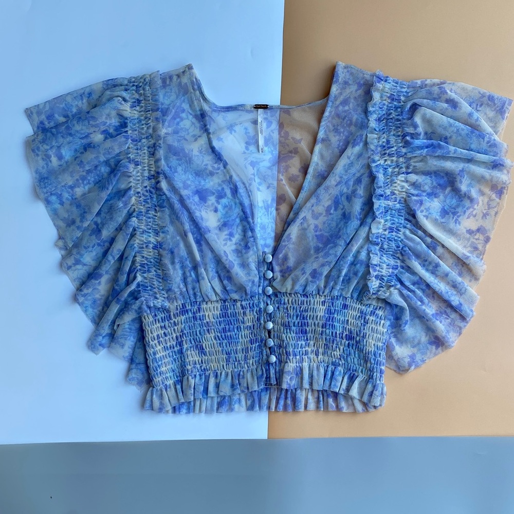 Free People Blue Floral Ruffle Blouse